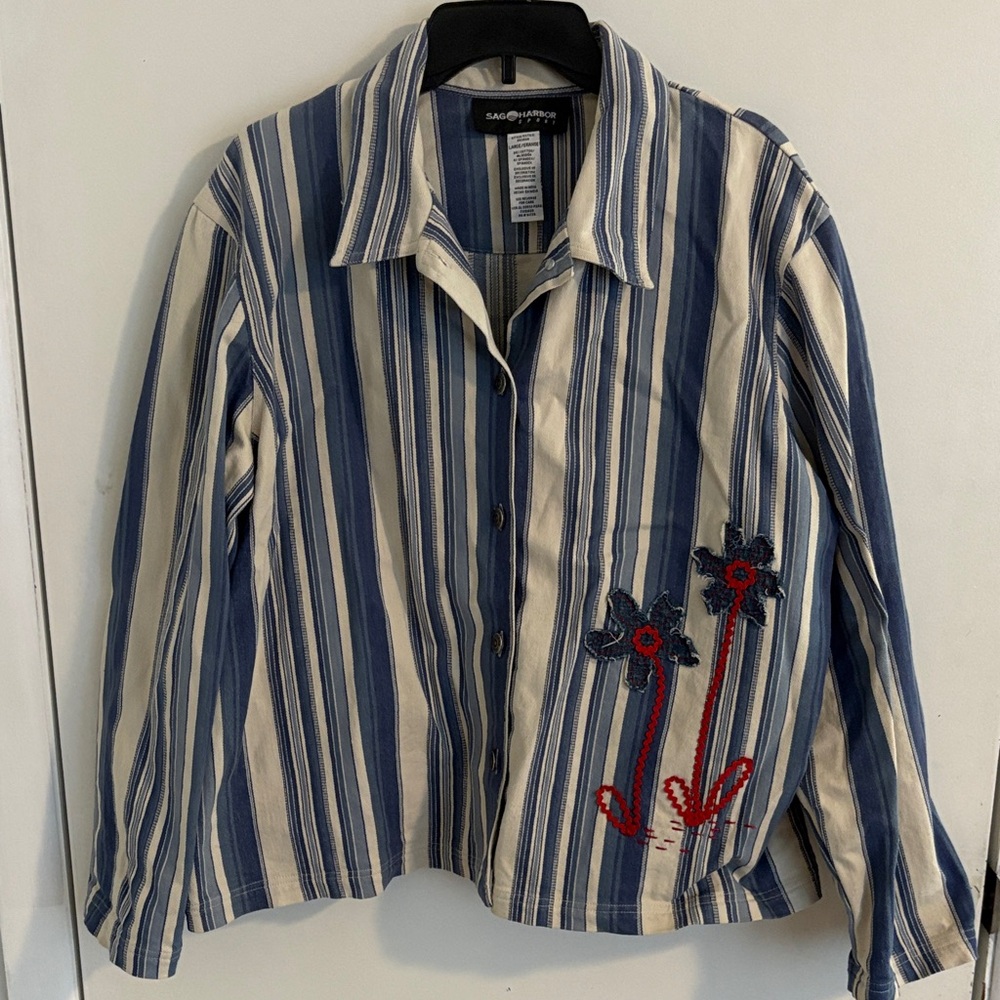 Sag Harbor Blue & Cream Striped Shirt with Red Floral Embroidery